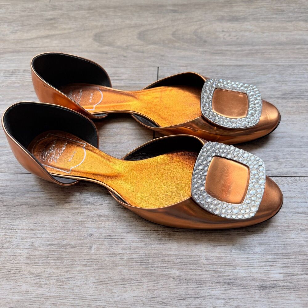 Roger Vivier Paris Metallic Orange D’Orsay Flat Crystal Buckle Italy 35.536